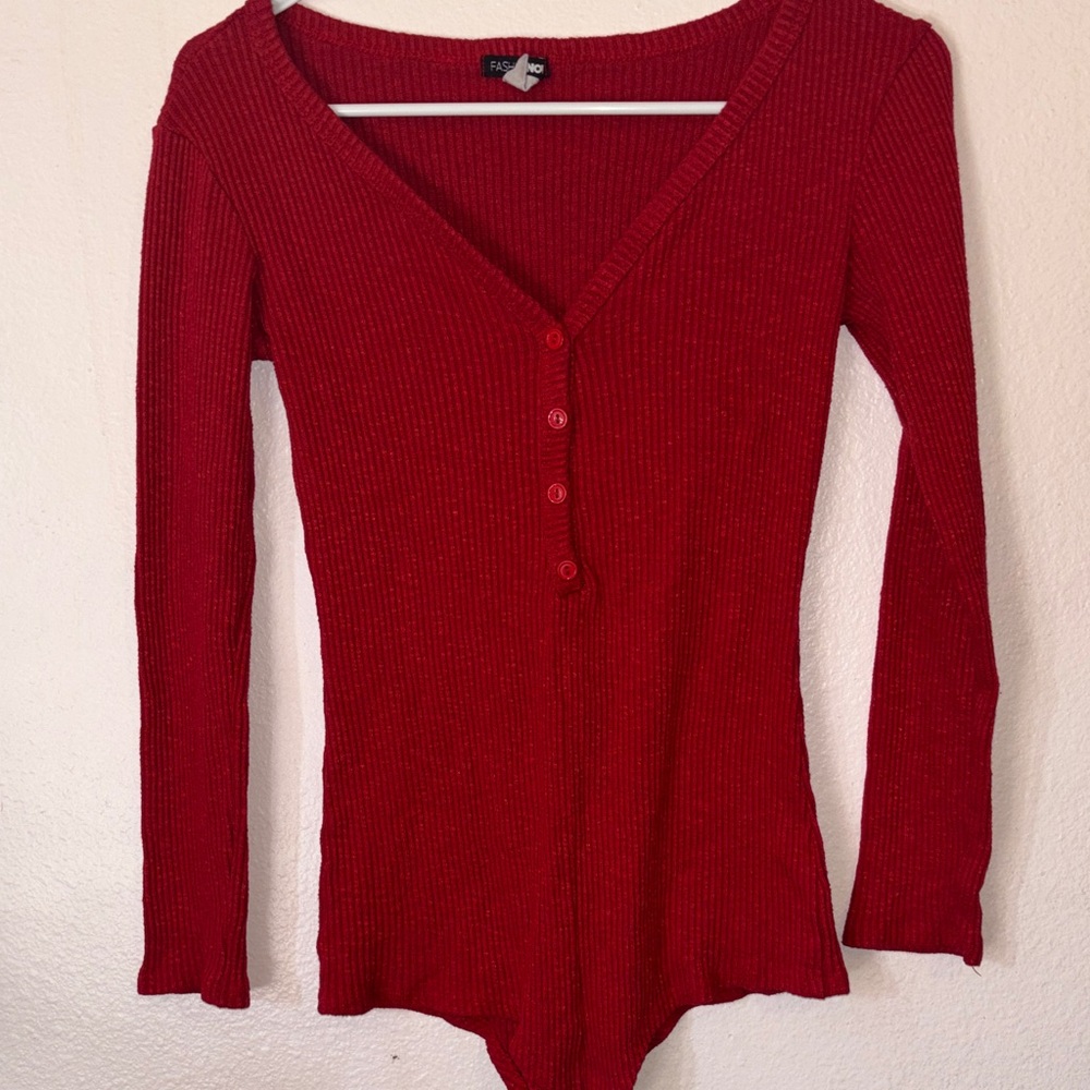 Fashion Nova Red Ribbed Long Sleeve Bodysuit
